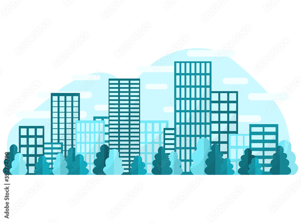 Vector illustration of a city. Image of buildings in daylight. Panorama of the town with trees, windows, houses in blue. For background, poster, print, web.