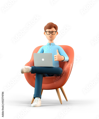 Wallpaper Mural 3D illustration of smiling man with laptop sitting in armchair and showing gesture cool. Cartoon businessman with thumb up sign, working in office and using social networks, isolated on white. Torontodigital.ca