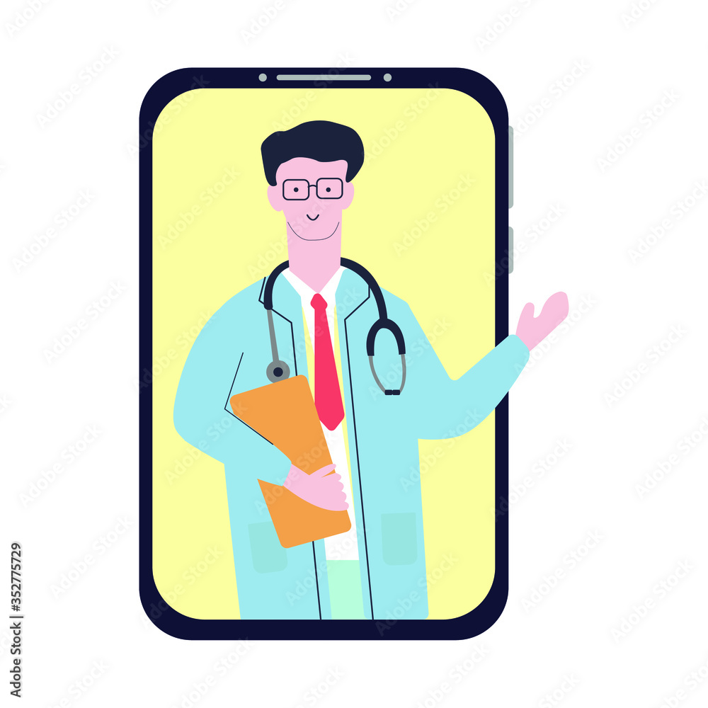 Medical online consultation concept. Smartphone with doctor on the screen. Flat vector illustration. Medical online consultation concept. Smartphone with doctor on the screen. Flat vector illustration.