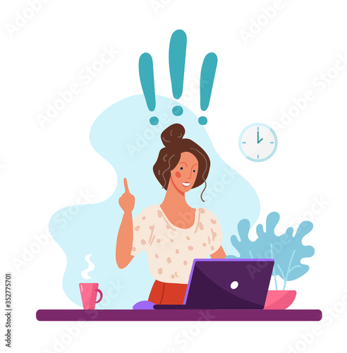 Happy woman sitting at a computer, exclamation marks, concept of a new idea. Illustrations of home office, remote work, distance learning, freelance. Vector flat cartoon isolated