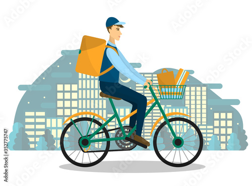 Vector illustration of the driver on the bike with an order. Courier ride a bicycle. Delivery. Online shopping and ordering. Night dark city on the background