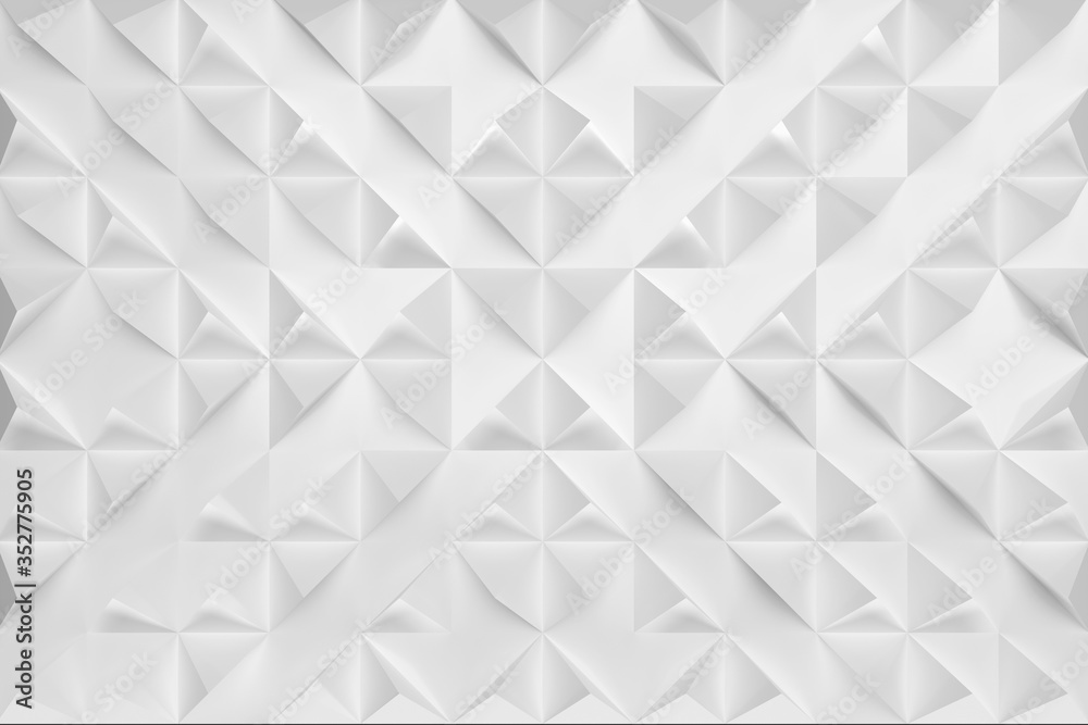 Obraz premium 3D illustration, canvas consisting of white-gray structured arranged geometric cut-off pyramids, squeezed out of paper, turned in different directions. Modern origami background for graphic design