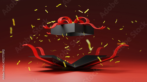 3d rendering black gift box bomb with gold ribbon, black Friday, Christmas, happy new year. Happy birthday, boxing day