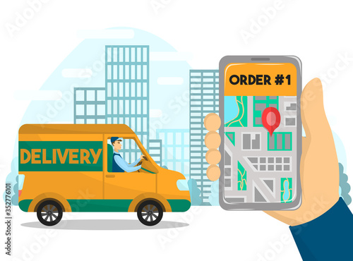 Vector illustration of the phone and city map. Smartphone in hands with destination pin. Food delivery driver on a truck or van. Online shopping and order. Image of navigation and gps on screen.