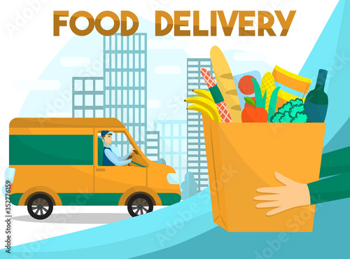 Vector illustration of the Food delivery. Driver on the truck or van. Online shopping service at the store and supermarket. Foodstuffs delivered by courier home. Package with groceries