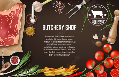 Meat Banner for restaurant or butcher shop. Fresh meat steak with tomatoes, potato wedges, sause, chili pepper, garlic and olive oil on dark background. Vector illustration