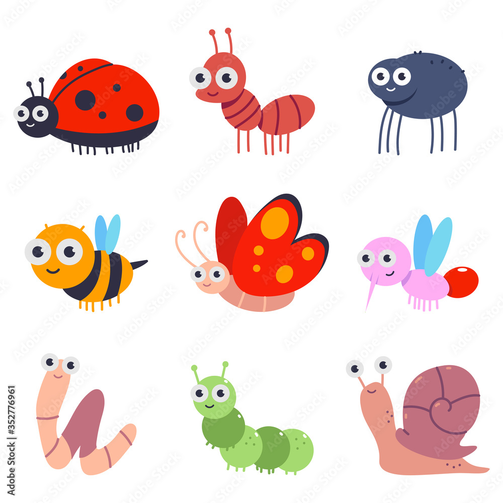 Obraz premium Bugs and insects vector cartoon set isolated on a white background.