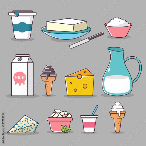 Dairy products vector cartoon set of organic food isolated on background.
