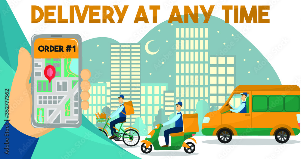 Delivery at any time. Vector illustration with a vehicle. Phone and city map. Smartphone in hands. Driver on a bike, scooter, truck or bicycle, motorcycle, van. Online shopping and food order.