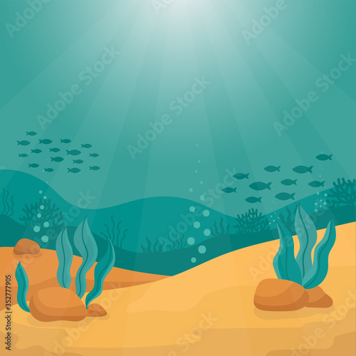 Sea bottom. Underwater world in the sun. Ecosystem. Algae  stones  silhouettes of coral and fish. Place for text. Summer background. Vector cartoon illustration.