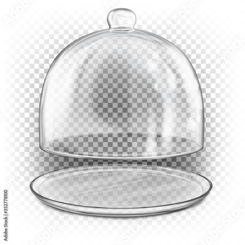 Open 3D realistic transparent glass lid on a tray. Vector dome to protect the exhibit. Restaurant cloche for hot food. Front view. Blank template.