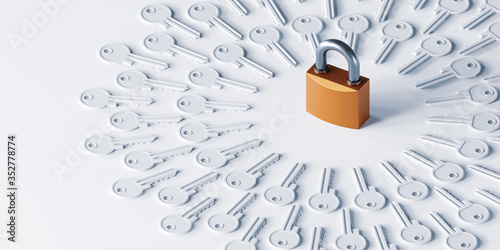 Принти на полотні Keys are scattered around the padlock, concept of privacy, problem solving, solutions and correct answer