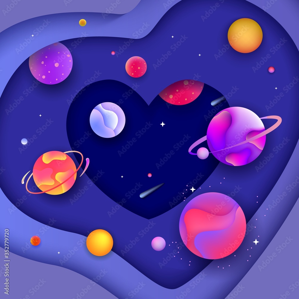 Space heart banner - 3D shape with fluid cut out paper shapes forming layers of galaxy
