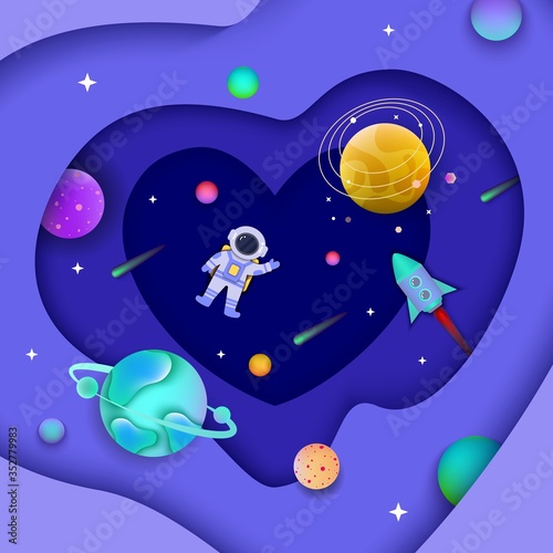 Background template for banner and postcard with space and galaxy, astronaut and planets.