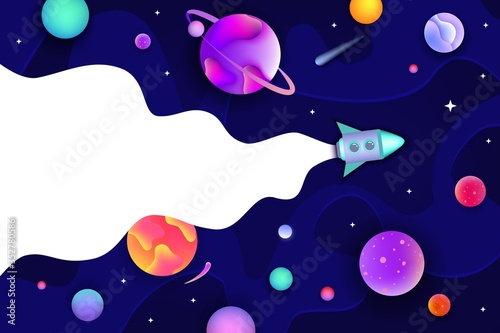 Colorful blue galaxy banner with cartoon rocket leaving white trail