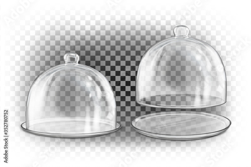 Open and closed glass transparent cloche on a plate. Round glass transparent cover with a handle in a front view. Vector 3d illustration isolated on transparent background.