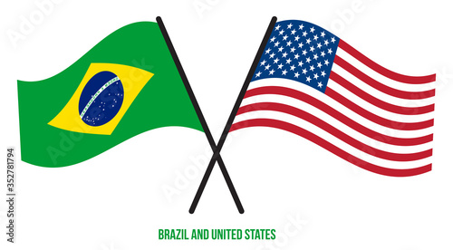 Brazil and United States Flags Crossed And Waving Flat Style. Official Proportion. Correct Colors