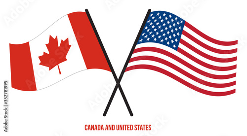 Canada and United States Flags Crossed And Waving Flat Style. Official Proportion. Correct Colors