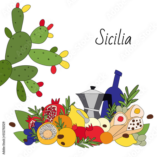 Sicilian food. Arancini, cannoli, pomegranate, ice cream, gelato, coffee. Gastro tour. Vector illustration on white background. Cacti photo