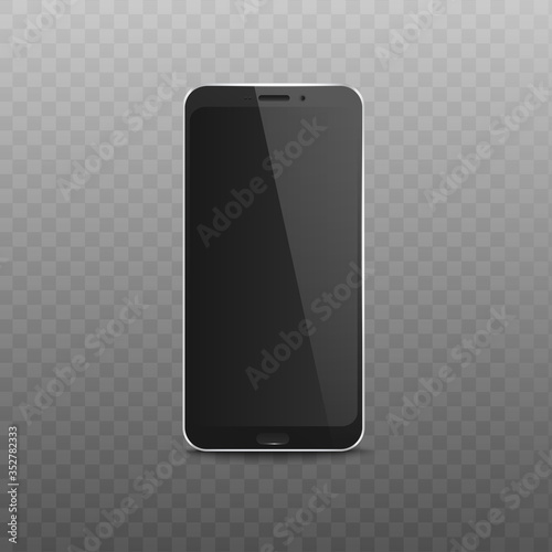 White mobile phone with black blank display, realistic mockup of modern smartphone with locked home screen