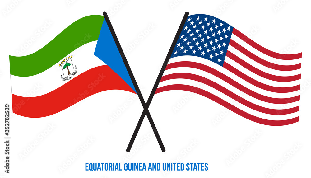 Equatorial Guinea and United States Flags Crossed And Waving Flat Style. Official Proportion