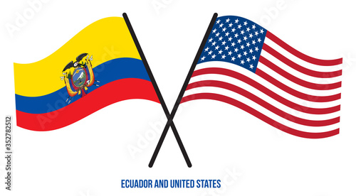 Ecuador and United States Flags Crossed And Waving Flat Style. Official Proportion. Correct Colors