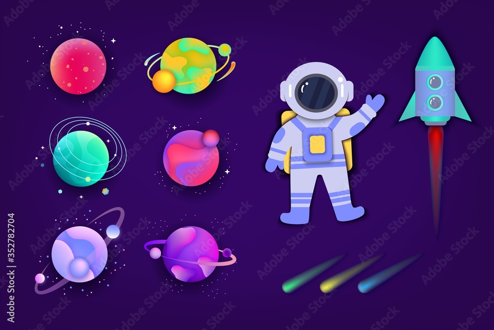 Naklejka premium Colorful space planet set with cartoon astronaut and rocket isolated on dark background