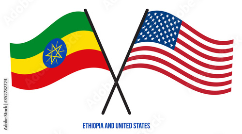 Ethiopia and United States Flags Crossed And Waving Flat Style. Official Proportion. Correct Colors