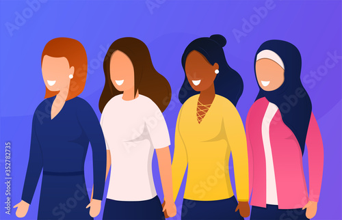 Women of different nationalities and cultures stand together Support each other The concept of female friendship and feminism International sisterhood. Colorful Illustration of empowerment Flat Vector