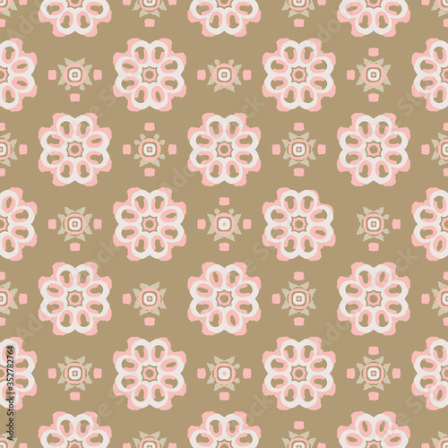 Pink khaki Indian block print abstract floral seamless vector pattern background with stylised flowers for fabric, wallpaper, scrapbooking projects.