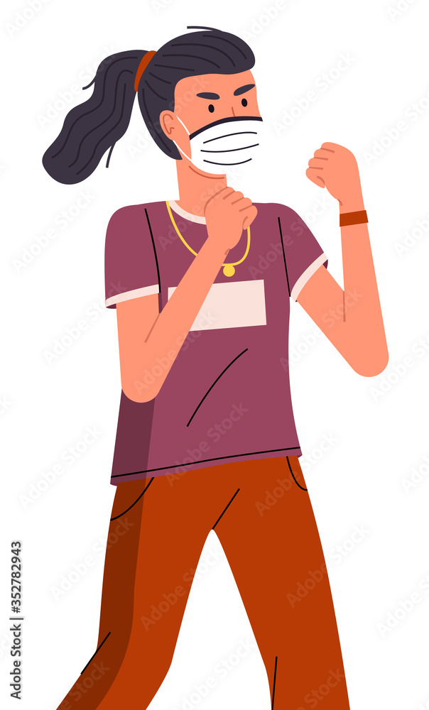 Vector portrait of young woman in face medical mask want to fight with virus at white background. Viral pandemic. Respiratory protection from virus pandemia. Vector cartoon character in flat style Vector portrait of young woman in face medical mask want to fight with virus at white background. Viral pandemic. Respiratory protection from virus pandemia. Vector cartoon character in flat style