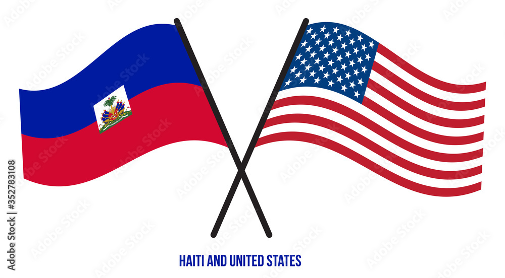 Haiti and United States Flags Crossed And Waving Flat Style. Official Proportion. Correct Colors