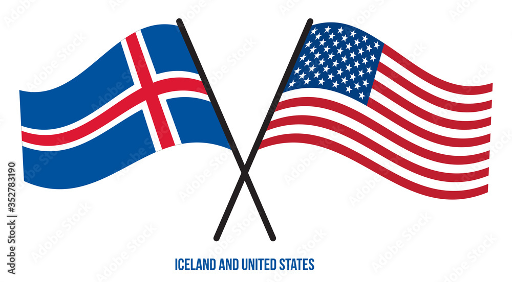 Iceland and United States Flags Crossed And Waving Flat Style. Official Proportion. Correct Colors Iceland and United States Flags Crossed And Waving Flat Style. Official Proportion. Correct Colors