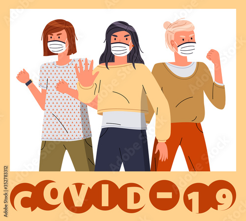 Group of girls wearing face protective medical masks protesting to stop world epidemic. Group of characters call to fight with coronavirus. Concept of covid19. Vector banner in flat style with text