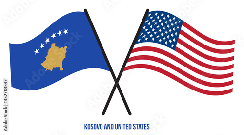 Kosovo and United States Flags Crossed And Waving Flat Style. Official Proportion. Correct Colors