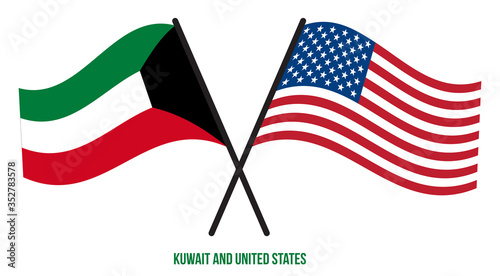 Kuwait and United States Flags Crossed And Waving Flat Style. Official Proportion. Correct Colors