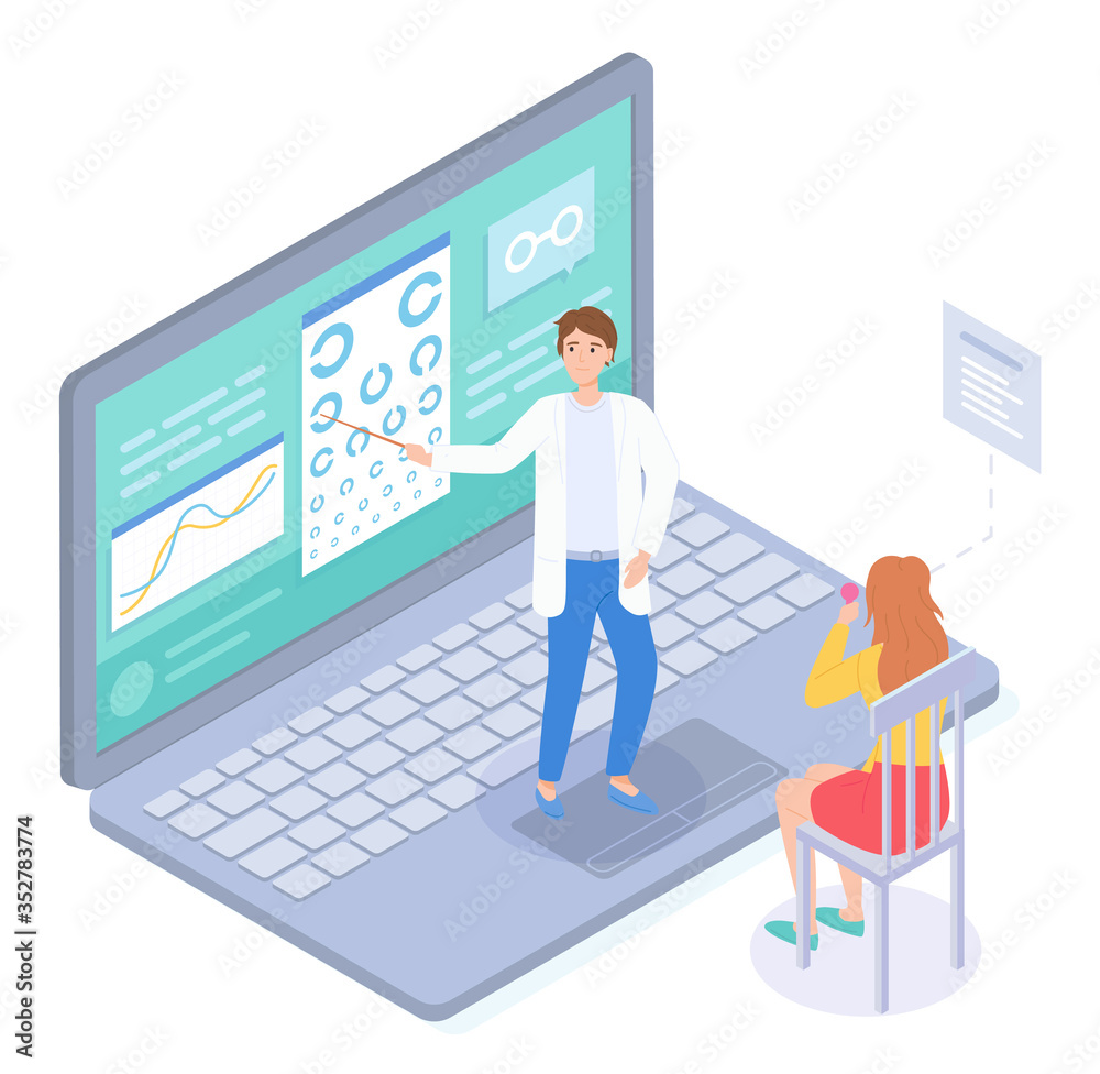 Isometric illustration in flat style. Patient checking vision in virtual medical cabinet in oculist with laptop. Ophthalmologist with pointer near chart eye. Concept of online medical help at distance