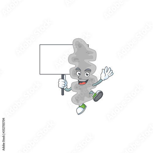 Cute leptospirillum ferriphilum mascot design smiley with rise up a board