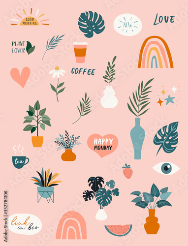 Collection of handwritten phrases, quotes, stickers and decorative design elements, plants, rainbow and leaves, hand drawn in trendy doodle style. Colorful vector illustrations and prints