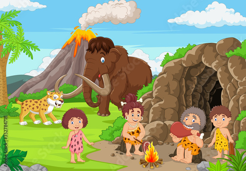 Cartoon ancient cavemen in stone age with mammoth and sabertooth