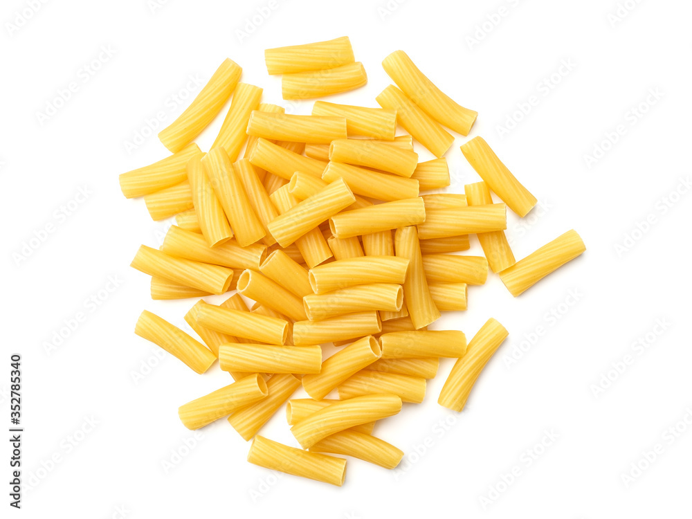 Tortiglioni pasta isolated on white. Top view Tortiglioni pasta isolated on white. Top view