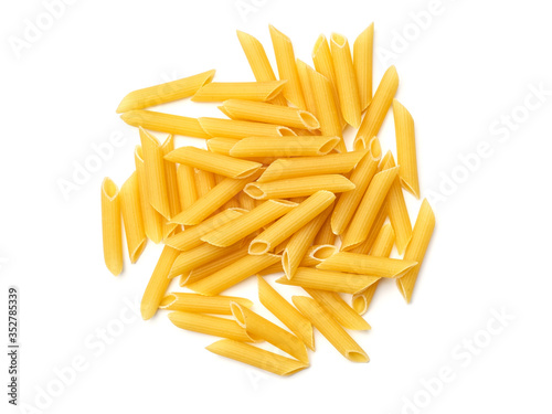 Penne Rigate pasta isolated on whitу. Top view