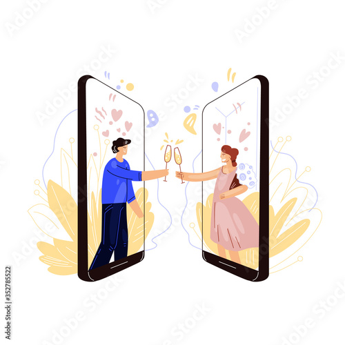 Vector flat illustration of online dating industry. Happy man and woman, clink glasses of wine or champagne, having romantic remote evening and date. Virtual love and date concept.