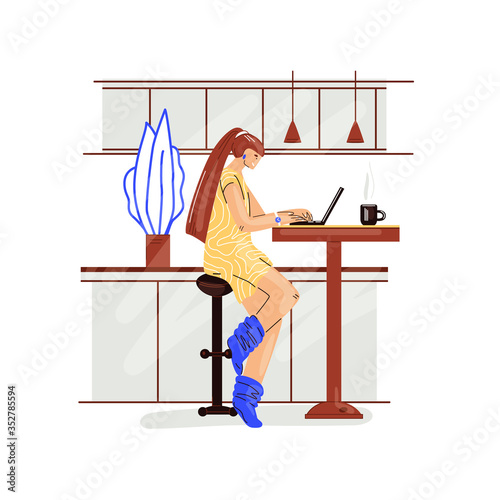 Freelance woman work in comfortable cozy home office in kitchen vector flat illustration. Freelancer girl character working from home at relaxed pace, self employed concept