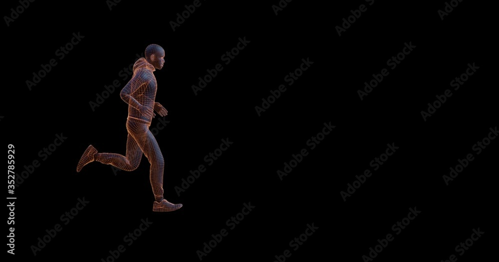 A man running against a black background with copy space. Side View. 4K 3D render with alpha matte channel included A man running against a black background with copy space. Side View. 4K 3D render with alpha matte channel included