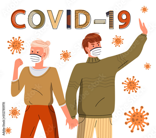 Young guy and girl wearing face medical masks fighting with flying virus. World epidemic concept. Spreading virus in the air. Protesting against coronavirus or covid-19. Cartoon characters in flat