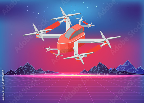 Quadcopter flying, area in purple color, 3d view of wireless device in sky, controlling equipment. Multicopter innovation, piloting object, professional modern robot with propeller, security vector