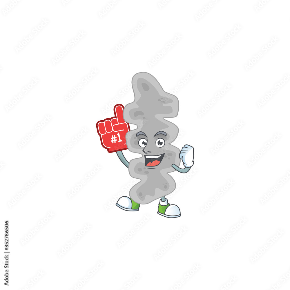 Leptospirillum ferriphilum Cartoon character design style with a red foam finger