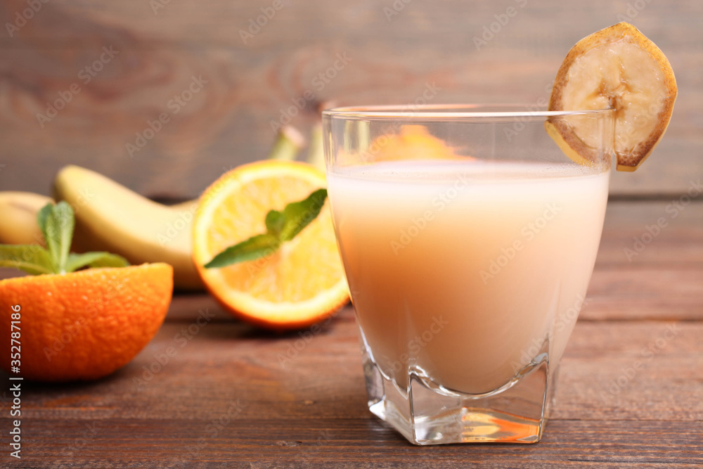 Banana juice in a glass with fruits Banana juice in a glass with fruits