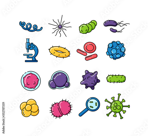 Bacteria color vector icons set. Pathogen outline illustrations. Microbiological research. Microorganisms of various shapes under microscope. Bacterial cells isolated pack